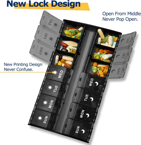 Vista 4 de Organizador de pastillas grande 2 veces al día (negro) 7 Day AM/PM Pill Box, Hinged Lids & Secure Lock, Big Pill Box Holder Twice a Day, For
