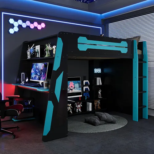 Vista 4 de Cama loft para juegos, cama alta de madera tamaño matrimonial con escritorio, estantes de almacenamiento múltiple y LED, azul nube