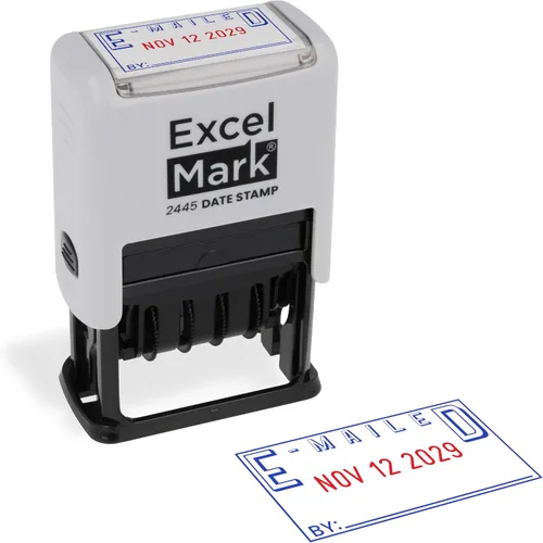 Vista 43 de ExcelMark 2445 Sello de fecha con texto – tinta azul y roja (montaje gris, aprobado)