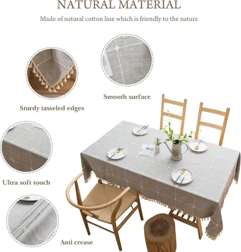 Vista 2 de Pahajim Mantel rectangular de lino rústico de algodón para cocina, comedor, con borlas, a cuadros, impermeable, rectangular, 55 x 71 pulgadas, 4-6