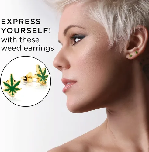 Vista 4 de P2GO Pair of 316L Marijuana Leaf Pendant Stud Earrings Jewelry