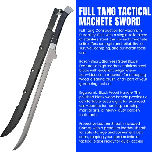 Vista 2 de SZCO Espada de machete táctica de espiga completa de 45 pulgadas, cuchillo de machete de guerrero de montaña con mango de madera negra y funda