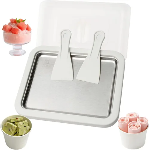 Vista 2 de Kit para hacer helados enrollados, máquina para hacer helados en casa con bandeja de congelación instantánea con tapa y 2 espátulas, máquina
