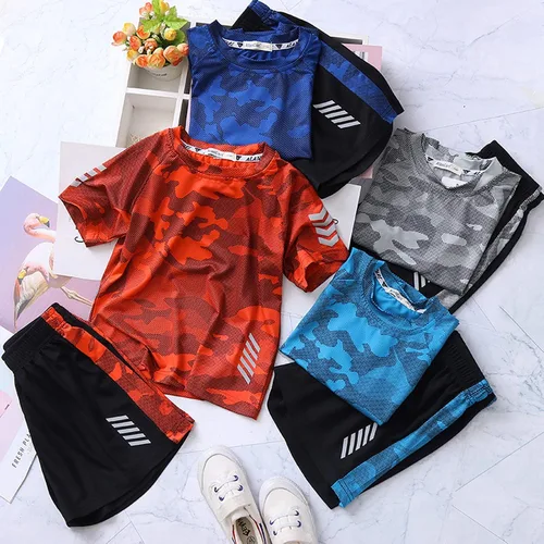 Vista 8 de Jellyuu Conjunto de ropa de verano para niños Conjunto de ropa de camuflaje de manga corta camiseta+pantalones cortos ropa deportiva 3-13 años