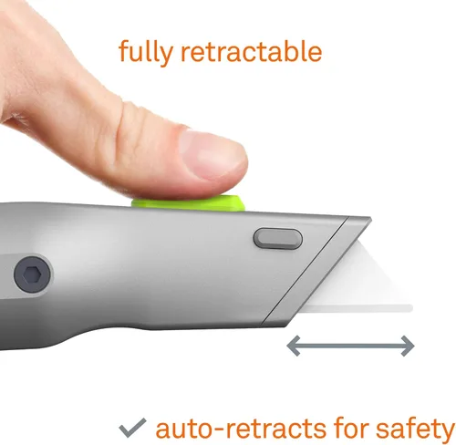 Vista 4 de Cuchillo utilitario con mango de metal, hoja de cerámica amigable con los dedos, se retrae automáticamente para mayor seguridad, mango de metal