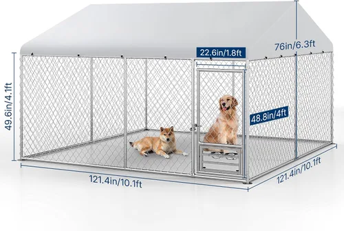 Vista 8 de Yafylly Perrera para perros XL de 10 x 10 pies – Perrera exterior con techo, perreras cubiertas con puerta de alimentación, recinto para perros al