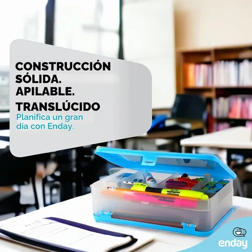 Vista 2 de Enday Caja de lápices azul, caja de plástico de gran capacidad con 12 compartimentos, caja de lápices de plástico con tapa hermética, estuche rígido