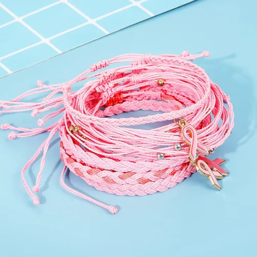 Vista 5 de Long tiantian Breast Cancer Bracelets Gifts for Woman Breast Cancer Awareness Accessories Pink Braided Rope Bracelet Natural Stone Bead Ribbon Charm