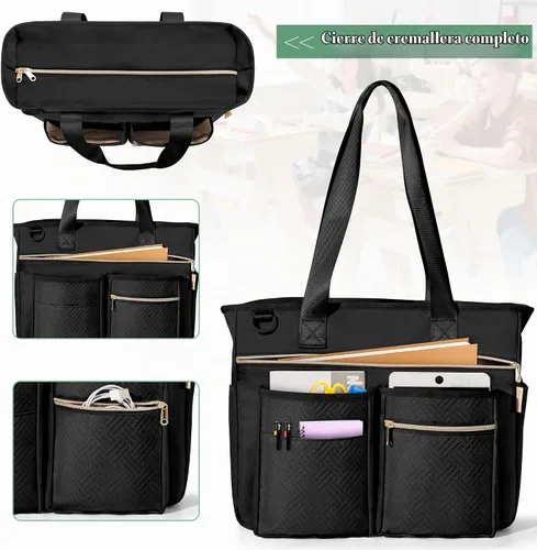 Vista 5 de Fasrom Bolsa de mano para profesores para mujer, bolsas grandes para Negro