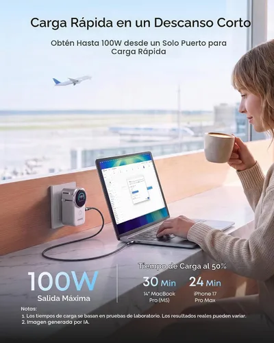 Vista 5 de Anker Cargador universal, 100 W GaN USB C carga rápida de viaje Gris-oscuro
