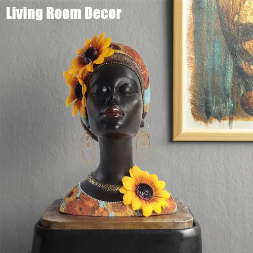 Vista 3 de Estatua de busto de arte africano, decoración del hogar, figuras de niña de girasol africano, decoración del hogar, escultura de busto afroamericana