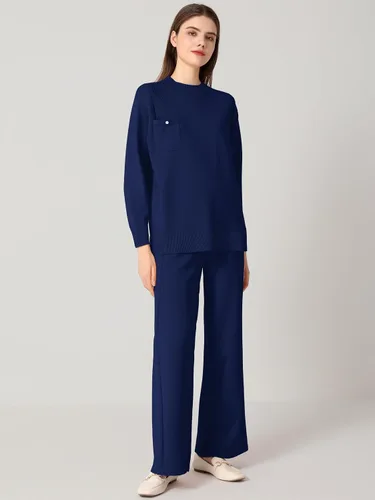 Vista 7 de SuperPrity Conjunto de suéter de manga larga para mujer, 2 piezas, cuello alto, suéter de punto trenzado, suéter de pierna ancha con bolsillos
