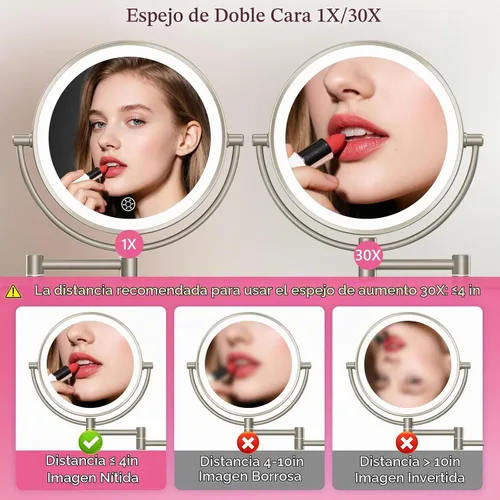 Vista 3 de Espejo de maquillaje montado en la pared con luces 30X/1X espejo de tocador de doble cara