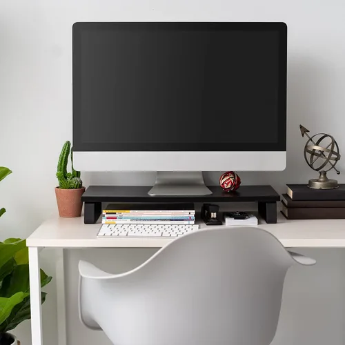 Vista 4 de IRIS USA Soporte organizador de monitor de PC moderno multiusos de 1 nivel con patas de metal, elevador ergonómico de escritorio y encimera