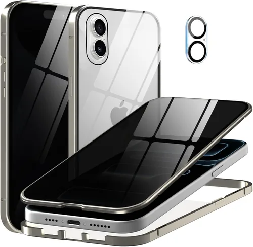 Vista 8 de Funda de privacidad de metal de titanio para iPhone 16, protector de pantalla de privacidad integrado y protector de lente de cámara, adsorción