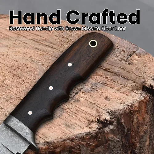 Vista 4 de Knives Ranch Cuchillo de Caza Artesanal de 9-1/2"- Cuchillo de Bushcraft y Campamento de Acero Damasco con Espiga Completa- Mango de Palisandro