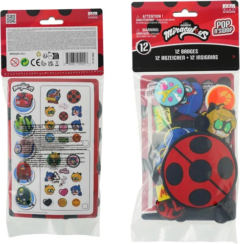Vista 6 de Miraculous Ladybug - Pop n' Swop 12 insignias surtidas de mariquita y gato negro, insignias regulares y XXL, compatible con monederos Pop n' Swop
