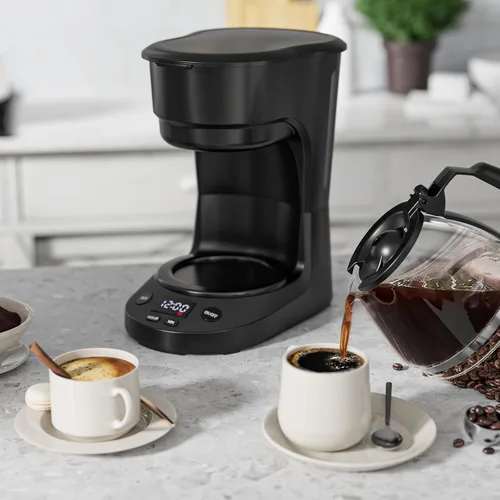 Vista 6 de WAA Cafetera de goteo programable de 5 tazas, cafetera portátil con olla de vidrio y filtro reutilizable, plato para mantener el calor, retrasar