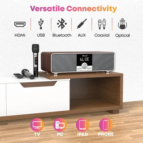 Vista 4 de Máquina de karaoke con 2 micrófonos UHF, subwoofer, barra de sonido de audio para cine en casa, compatible con óptico/Bluetooth/AUX/USB/PC, máquina