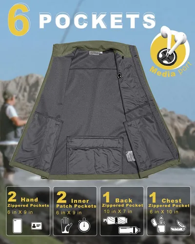 Vista 4 de 33,000ft Chaleco para hombre a prueba de viento y ligero para golf, ropa exterior con bolsillos, chaqueta sin mangas de softshell para correr Verde