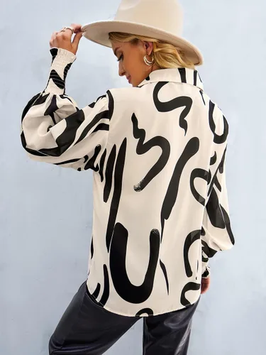 Vista 6 de Camisa estampada elástica para mujer, con estampado floral, de manga larga, con botones, para mujer