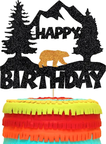 Vista 2 de Decoración de pastel de oso para decoración de fiesta de cumpleaños, suministros de fotos, decoración de pastel de feliz cumpleaños con purpurina