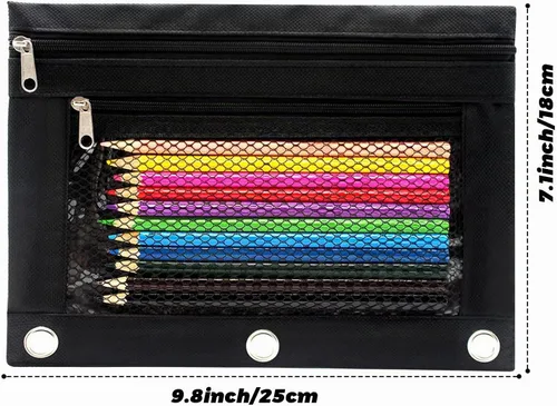 Vista 2 de Estuche para lápices de 3 anillos con cremallera, estuche de lona con 2 compartimentos (juego de 2, negro)