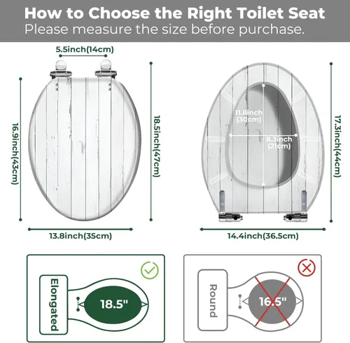 Vista 7 de Asiento de inodoro alargado con textura de tablón de madera blanca envejecida, asiento de inodoro de resina con encanto rústico con bisagras