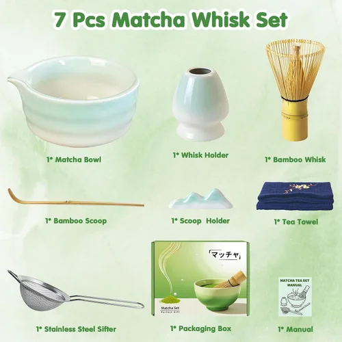 Vista 8 de Juego de batidor de matcha, 7 piezas de batidor de cerámica matcha, cuenco con boquilla, soporte, tamiz inoxidable, cuchara de bambú y toalla de té