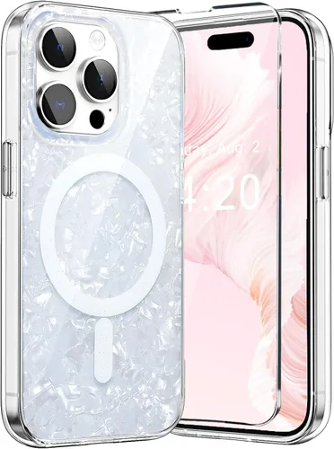 Vista 15 de Funda MagSafe para iPhone 15 Pro para mujeres y niñas, funda magnética iridiscente con purpurina iridiscente de ópalo perlado