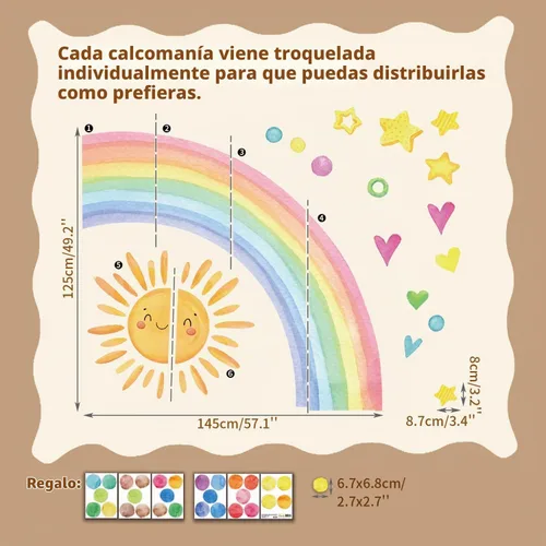Vista 4 de Decoración grande para cuarto de bebé, sol sonriente y flor de color, calcomanía de pared para sala de juegos, aula y fiesta, acuarela Dreamscape