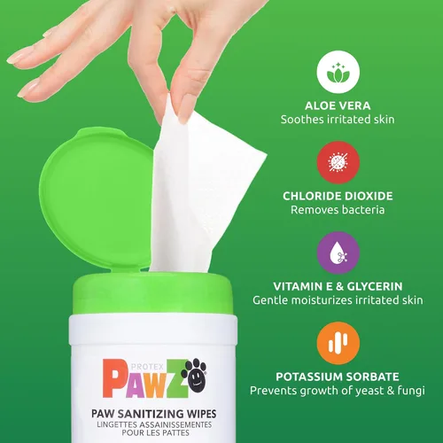 Vista 4 de Protex PawZ SaniPaw Toallitas eliminadoras de olores para patas de perro (120 toallitas), toallitas limpiadoras para el aseo del perro, ingredientes
