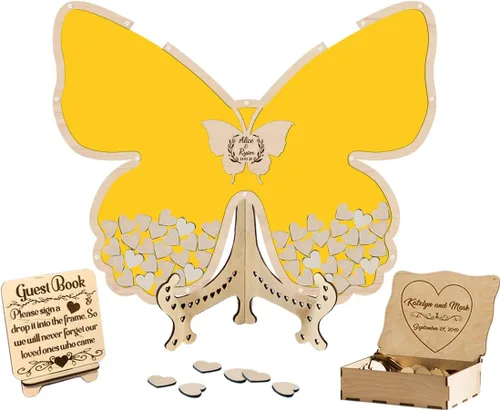 Vista 9 de Libro de invitados de boda de mariposa personalizado con corazones de madera, borde de madera personalizado, ideas alternativas, libro de invitados