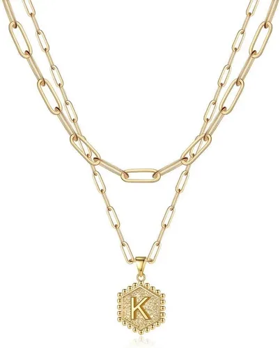 Vista 21 de M MOOHAM - Delicado collar de oro para mujer, de 14 quilates, en capas, lindos collares con letra hexagonal con inicial para mujer, regalos