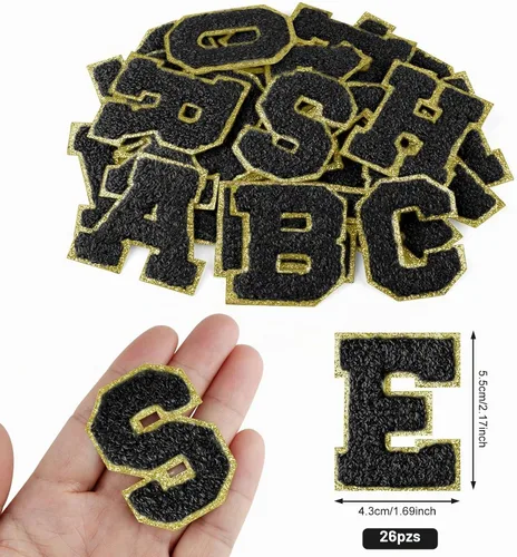 Vista 2 de Parches autoadhesivos de felpilla con letras A-Z, color negro, para ropa de tela, 26 piezas