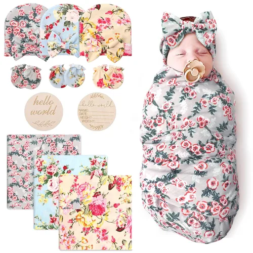 Vista 28 de DRESHOW BQUBO - Conjunto de gorro de algodón para bebé, manta para recién nacido, con orejas de oso, tarjeta de anuncio de nacimiento de madera