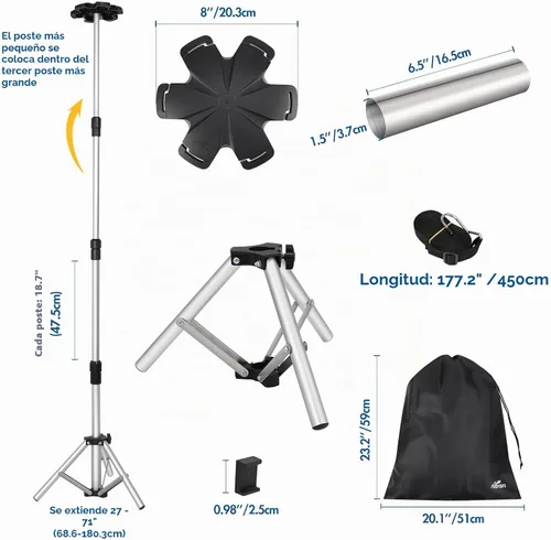 Vista 7 de Affordura - Poste de soporte para cubierta de barco extra alto con base de trípode de metal y parte superior hexagonal, postes ajustables de 27-71