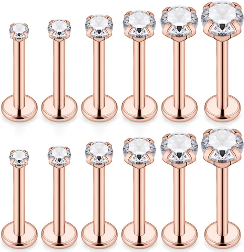 Vista 5 de SCERRING - 6 pares de joyería para piercing de acero inoxidable 16 g con configuración de puntas, circonita cúbica transparente con rosca interna