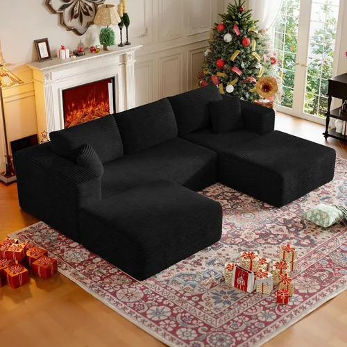 Vista 19 de Sofá modular sin hueso de 134.6 pulgadas para sala de estar, sofá modular de pana en forma de U con diván y almohadas, sofá seccional de 4 asientos
