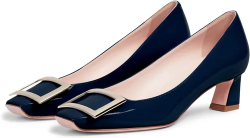 Vista 2 de JiaBinji Zapatos de tacón bajo con hebilla de metal para mujer, con puntera cuadrada cerrada, sin cordones, gruesos, estilo gatito, zapatos casuales