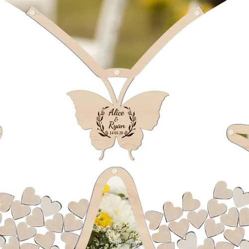 Vista 5 de Libro de invitados de boda de mariposa personalizado con corazones de madera, borde de madera personalizado, ideas alternativas, libro de invitados