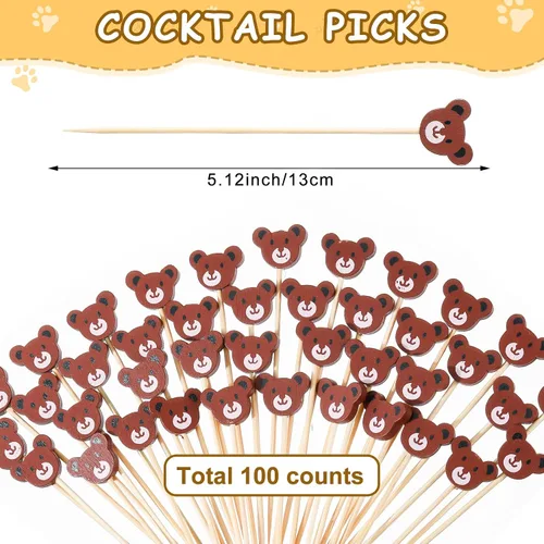 Vista 2 de 100 palillos de cóctel con cara de oso, brochetas de bambú para aperitivos, lindos palillos de comida de oso, palillos de dientes para frutas