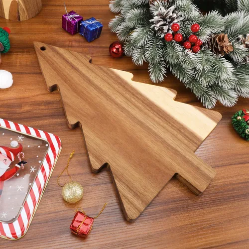 Vista 9 de Amosfun Tabla de cortar de árbol de Navidad, tabla de cortar de cocina, bandeja de servir de madera, placa de charcutería en forma de árbol, 9.5 x