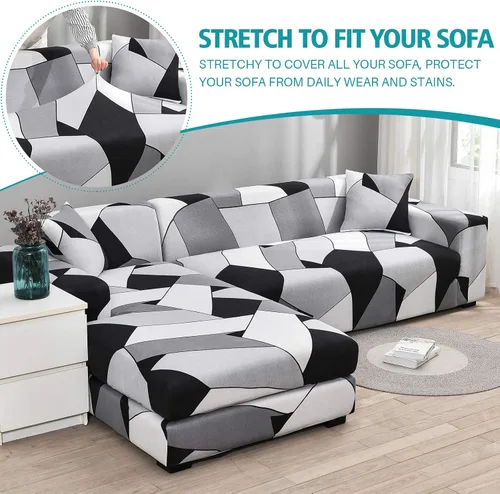 Vista 4 de LiveGo Funda de sofá en forma de L, 2 piezas, elástica y elástica de 3 plazas, protector de muebles con 4 fundas de almohada para sala de estar