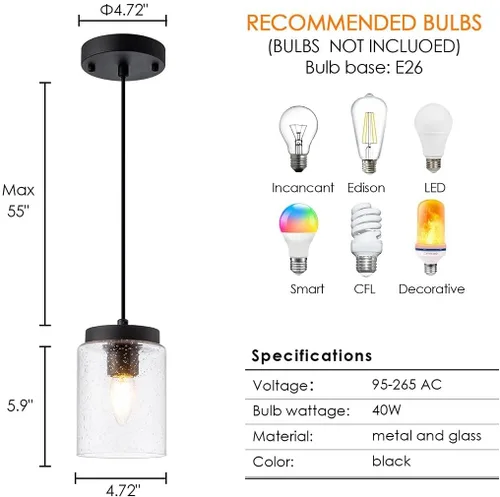 Vista 6 de Mini lámpara colgante industrial moderna de vidrio con semillas de burbujas, cilindro de iluminación colgante de cable ajustable para isla