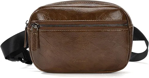 Vista 15 de Ausion Riñonera de cuero para hombres y mujeres, cangurera para senderismo, correr, viajes, múltiples bolsillos - Riñonera con cremalleras Marrón