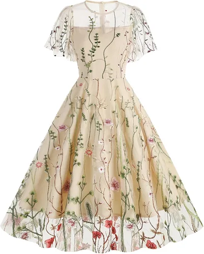 Vista 4 de QIGUANDZ Vestido de cóctel retro con bordado floral de malla para mujer, ilusión de los años 50, manga corta, vestido de noche de graduación