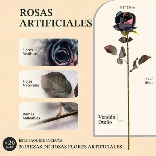 Vista 2 de Rosas artificiales de 23.2 pulgadas, flores artificiales de tallo largo para jarrón alto, rosa de seda para otoño, adecuadas para decoración gótica