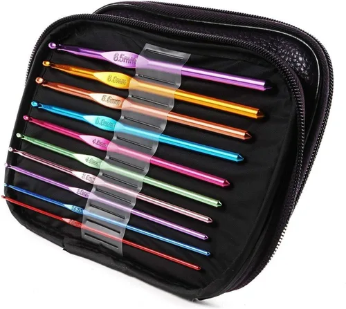 Vista 3 de 22 ganchos de ganchillo con mango de aluminio mixto, agujas de tejer ergonómicas con estuche, multicolor, hilo para manualidades