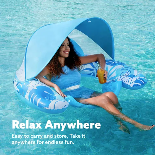 Vista 5 de SLOOSH Flotadores de piscina con dosel para adultos, sillas de piscina inflables XL con portavasos, silla flotante para adultos, flotadores